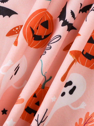 Girls Pumpkin Print Dress With Cap Sleeve, Cute Round Neck, Casual Long Sleeve Dress For Toddlers And Young Girl, Halloween New Style