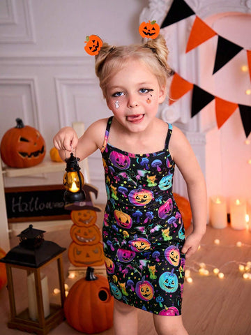 Girls Pumpkin Print Suspender Dress, Casual & Cute For Summer, Suitable For Halloween