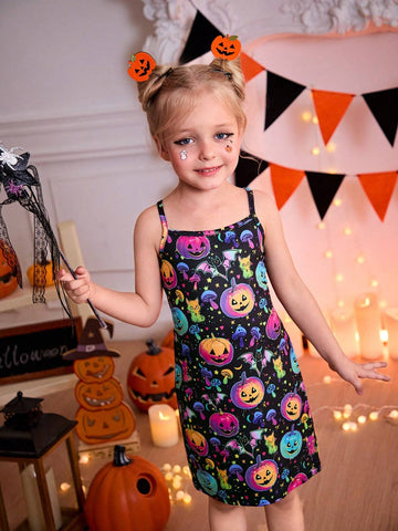 Girls Pumpkin Print Suspender Dress, Casual & Cute For Summer, Suitable For Halloween
