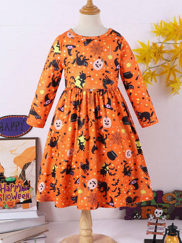 Girls Pumpkin & Black Cat Halloween Costume Dress