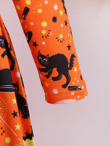 Girls Pumpkin & Black Cat Halloween Costume Dress