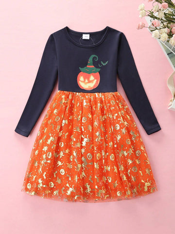 Girls' Pumpkin & Skeleton Mesh Print Cotton Party Long Sleeve Dress For Halloween