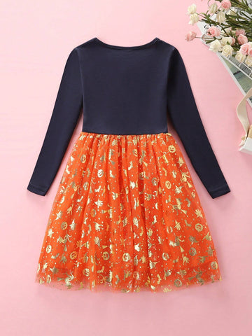 Girls' Pumpkin & Skeleton Mesh Print Cotton Party Long Sleeve Dress For Halloween