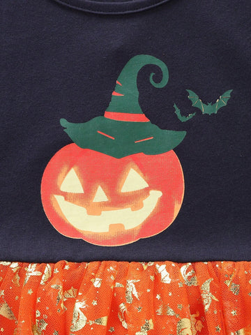 Girls' Pumpkin & Skeleton Mesh Print Cotton Party Long Sleeve Dress For Halloween