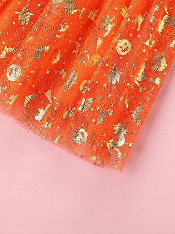 Girls' Pumpkin & Skeleton Mesh Print Cotton Party Long Sleeve Dress For Halloween