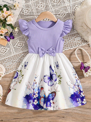 Girls Purple Floral Dress Cap Sleeve Boutique Dress For Summer Vacation Casual Wear