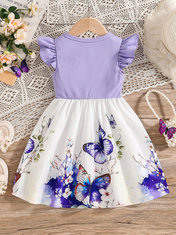 Girls Purple Floral Dress Cap Sleeve Boutique Dress For Summer Vacation Casual Wear