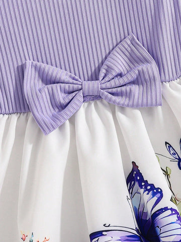 Girls Purple Floral Dress Cap Sleeve Boutique Dress For Summer Vacation Casual Wear