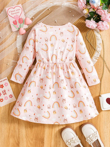 Girls' Rainbow Print Crew Neck Long Sleeve Dress With Bow Belt, Comfortable Soft Knit Fabric, Colorful Rainbow All-Over Print