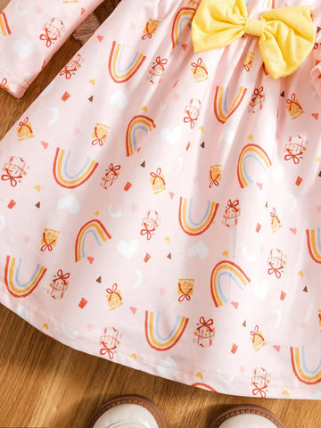 Girls' Rainbow Print Crew Neck Long Sleeve Dress With Bow Belt, Comfortable Soft Knit Fabric, Colorful Rainbow All-Over Print
