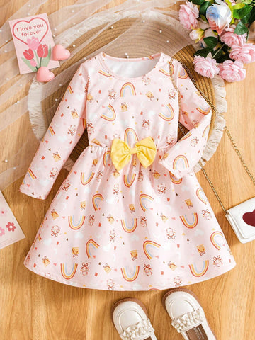 Girls' Rainbow Print Crew Neck Long Sleeve Dress With Bow Belt, Comfortable Soft Knit Fabric, Colorful Rainbow All-Over Print