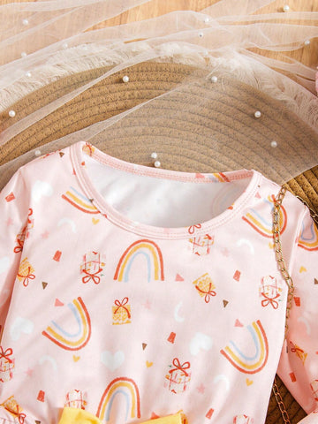 Girls' Rainbow Print Crew Neck Long Sleeve Dress With Bow Belt, Comfortable Soft Knit Fabric, Colorful Rainbow All-Over Print