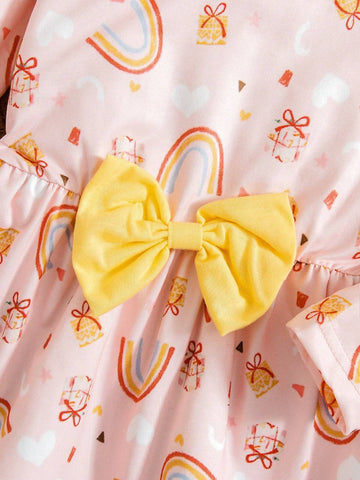 Girls' Rainbow Print Crew Neck Long Sleeve Dress With Bow Belt, Comfortable Soft Knit Fabric, Colorful Rainbow All-Over Print