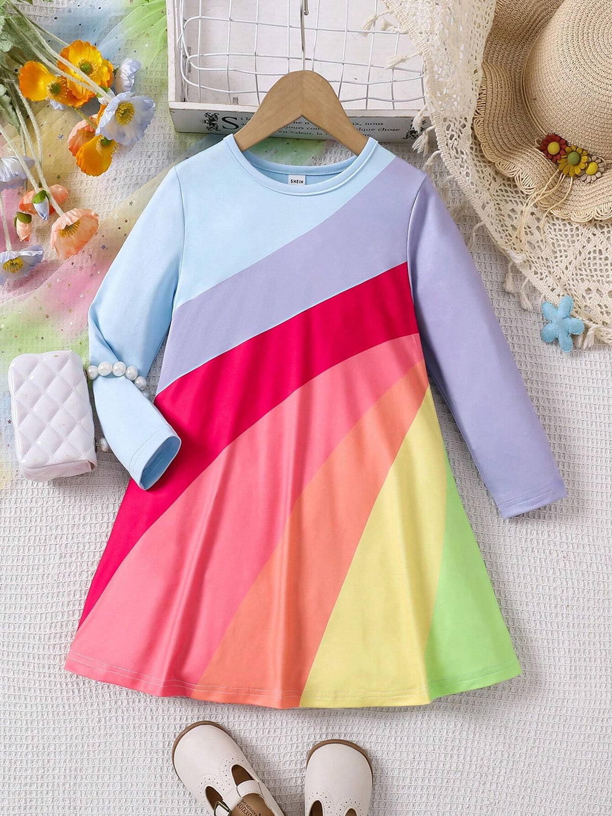 Girls Rainbow Print Long Sleeve Round Neck Dress, Casual Comfortable And Vibrant Personality Fit For Autumn Winter