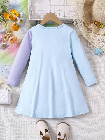 Girls Rainbow Print Long Sleeve Round Neck Dress, Casual Comfortable And Vibrant Personality Fit For Autumn Winter
