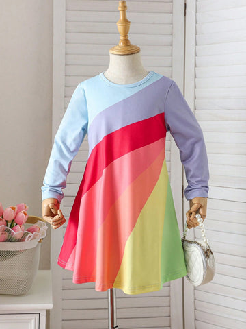 Girls Rainbow Print Long Sleeve Round Neck Dress, Casual Comfortable And Vibrant Personality Fit For Autumn Winter