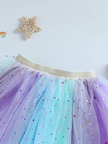 Girls' Rainbow Star Mesh TUTU Skirt, Cute Dance Party Holiday Performance Costume Dress