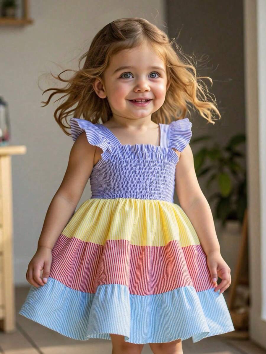Girls' Rainbow Striped Patchwork Sleeveless Dress, Summer Children Pleated Suspender Dress