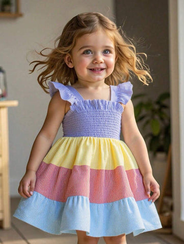 Girls' Rainbow Striped Patchwork Sleeveless Dress, Summer Children Pleated Suspender Dress