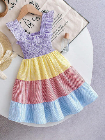 Girls' Rainbow Striped Patchwork Sleeveless Dress, Summer Children Pleated Suspender Dress