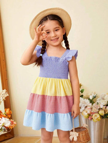 Girls' Rainbow Striped Patchwork Sleeveless Dress, Summer Children Pleated Suspender Dress