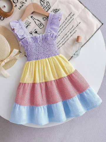 Girls' Rainbow Striped Patchwork Sleeveless Dress, Summer Children Pleated Suspender Dress