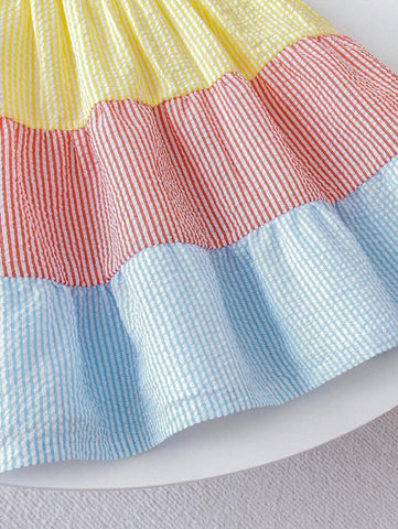 Girls' Rainbow Striped Patchwork Sleeveless Dress, Summer Children Pleated Suspender Dress