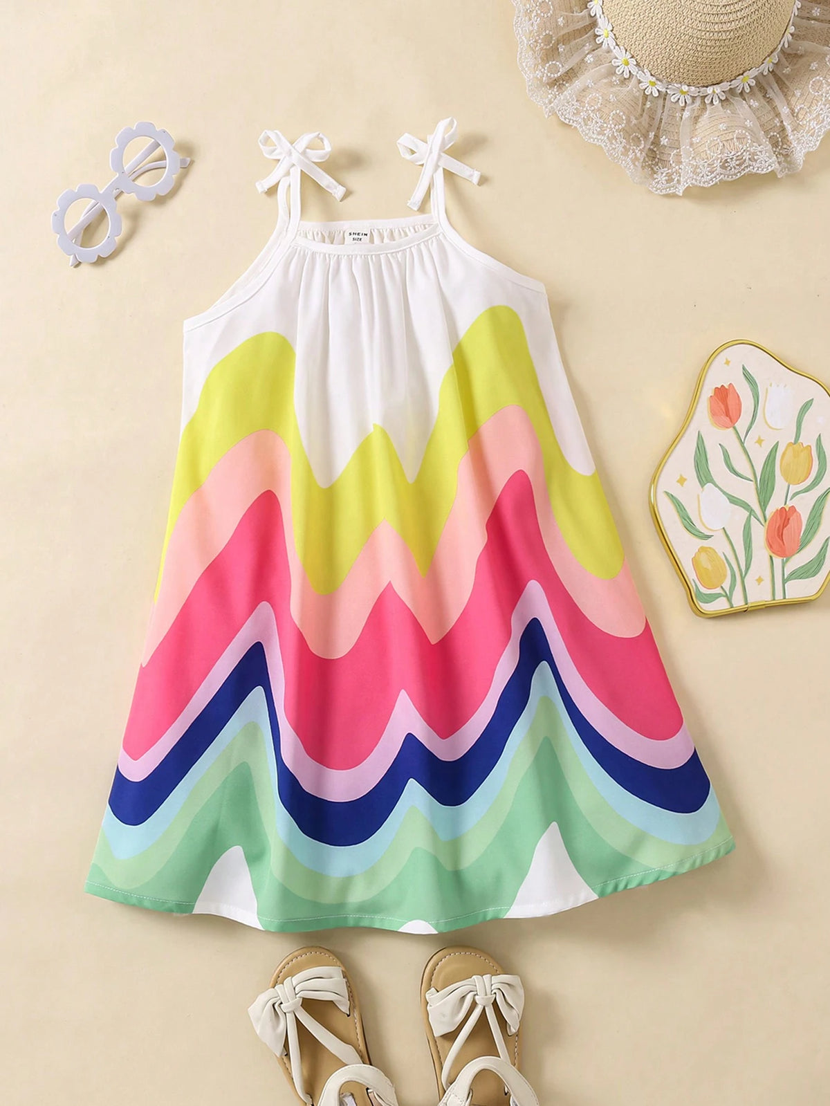 Girls Rainbow Wave Print Sleeveless Dress With Bow Decor, Beach/Holiday Casual Sundress For Spring/Summer Outings