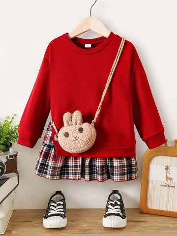 Girls Raisin Red Plaid Patchwork Long Sleeve Dress, Fashion Forward For Autumn