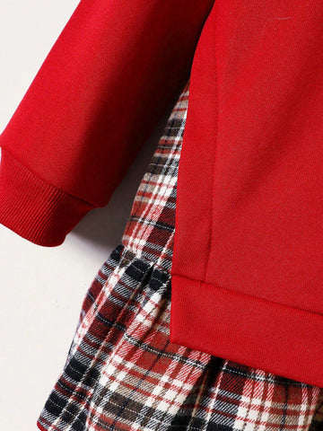 Girls Raisin Red Plaid Patchwork Long Sleeve Dress, Fashion Forward For Autumn
