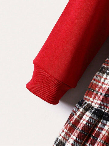 Girls Raisin Red Plaid Patchwork Long Sleeve Dress, Fashion Forward For Autumn
