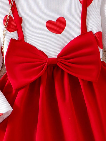 Girls Red Heart & Letter Print Patchwork Cinched Waist Dress, Elegant Two-Piece Look Children's Dress For Autumn