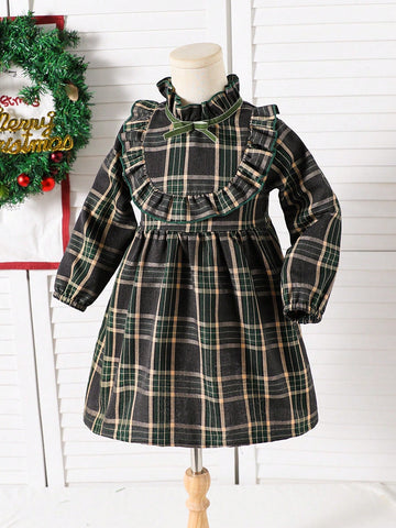 Girls' Red Plaid Velvet Bow Decor Cute Mini Dress For Autumn/Winter