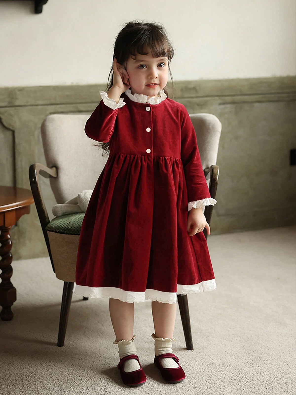 Girls Red Velvet Color Block Lace Trim Collar Dress, Christmas, New Year, Birthday Party Princess Dress