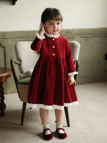 Girls Red Velvet Color Block Lace Trim Collar Dress, Christmas, New Year, Birthday Party Princess Dress