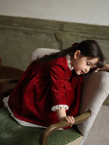 Girls Red Velvet Color Block Lace Trim Collar Dress, Christmas, New Year, Birthday Party Princess Dress