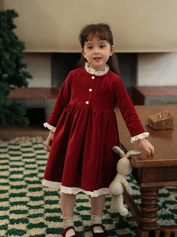 Girls Red Velvet Color Block Lace Trim Collar Dress, Christmas, New Year, Birthday Party Princess Dress