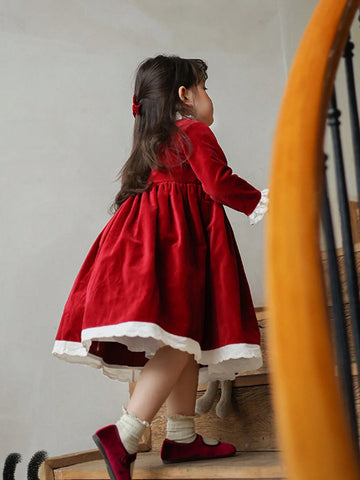 Girls Red Velvet Color Block Lace Trim Collar Dress, Christmas, New Year, Birthday Party Princess Dress