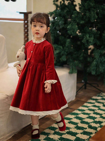 Girls Red Velvet Color Block Lace Trim Collar Dress, Christmas, New Year, Birthday Party Princess Dress