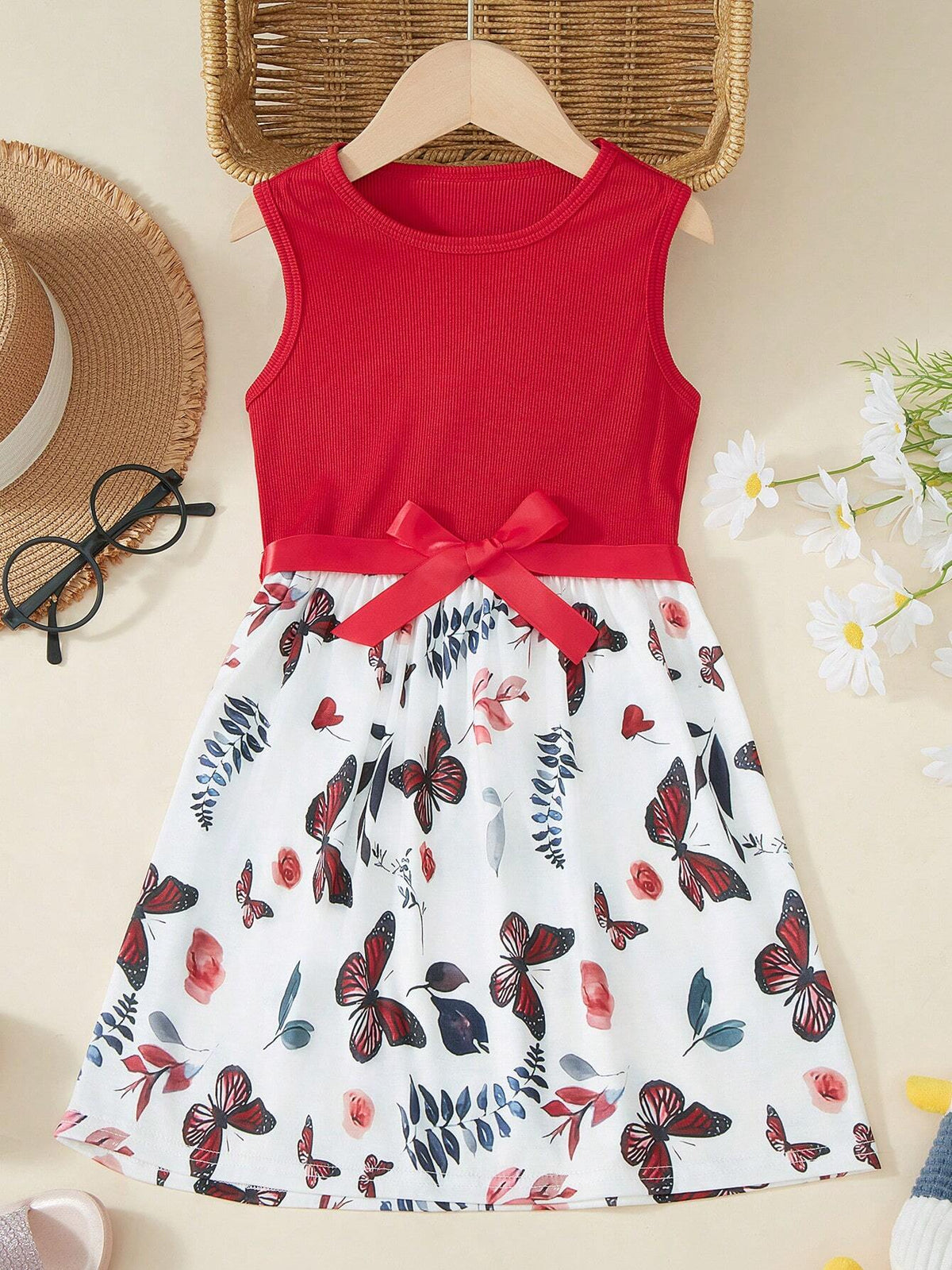 Girls Red & White Floral Print Sleeveless Casual Party Elegant Dress