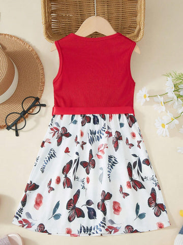 Girls Red & White Floral Print Sleeveless Casual Party Elegant Dress