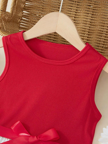 Girls Red & White Floral Print Sleeveless Casual Party Elegant Dress