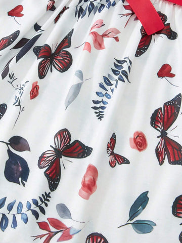 Girls Red & White Floral Print Sleeveless Casual Party Elegant Dress