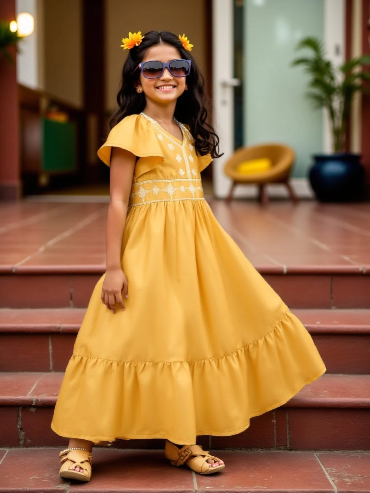 Girls Retro V-Neck Cap Sleeve Cinched Waist Vacation Dress