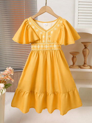 Girls Retro V-Neck Cap Sleeve Cinched Waist Vacation Dress