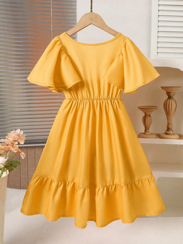 Girls Retro V-Neck Cap Sleeve Cinched Waist Vacation Dress