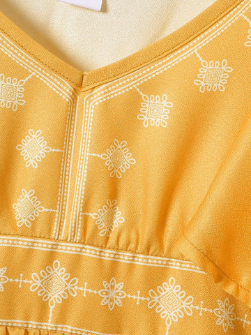 Girls Retro V-Neck Cap Sleeve Cinched Waist Vacation Dress