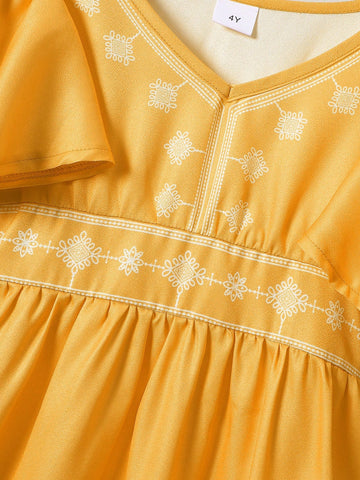 Girls Retro V-Neck Cap Sleeve Cinched Waist Vacation Dress