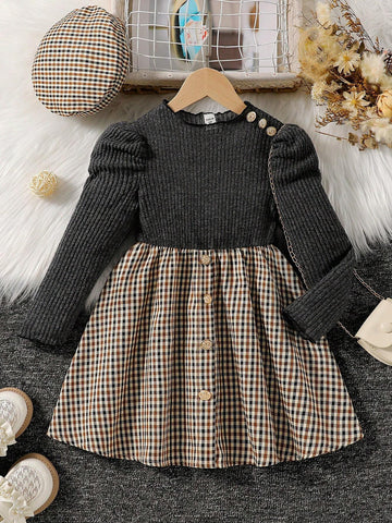 Girls Ribbed Knit Long Sleeve Top & Plaid Hem Dress 2pcs Outfit With Hat, Casual Elegant Autumn Winter