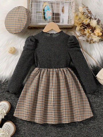 Girls Ribbed Knit Long Sleeve Top & Plaid Hem Dress 2pcs Outfit With Hat, Casual Elegant Autumn Winter